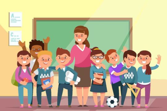 Cartoon of Teacher smiling with a group of students