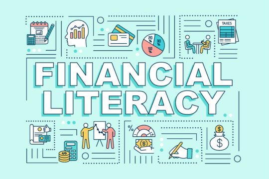 ‘Financial literacy’ on a blue background with related symbols around it.