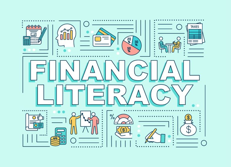 ‘Financial literacy’ on a blue background with related symbols around it.