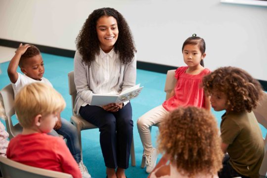 Female teacher reading a book to a group of young children