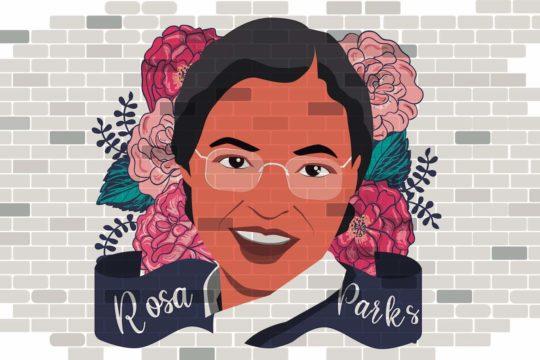 A celebratory painting of Rosa Parks on a brick wall.