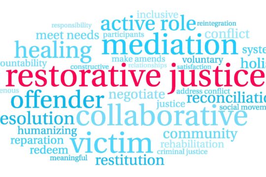 Blue word cloud with ‘restorative justice’ in red in the middle.
