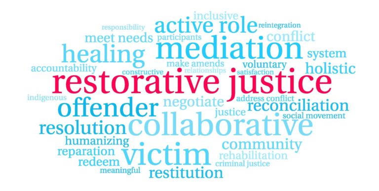 Blue word cloud with ‘restorative justice’ in red in the middle.
