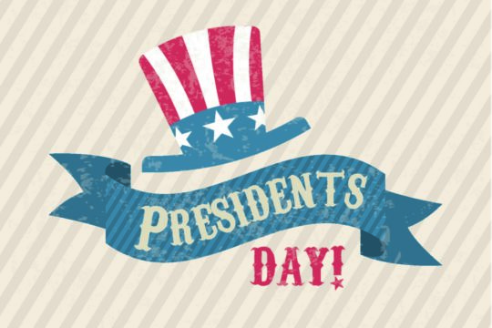 ‘Presidents Day’ graphic with a stars-and-stripes-themed top hat.