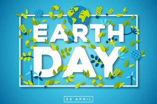 Earth Day text surrounded by leaves and various environmental items.
