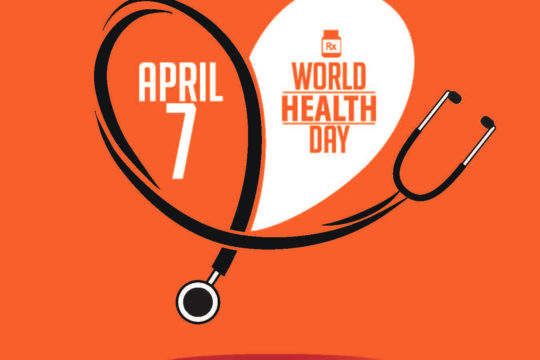 Stethoscope in the shape of a heart surround ‘April 7’ and ‘World Health Day.’