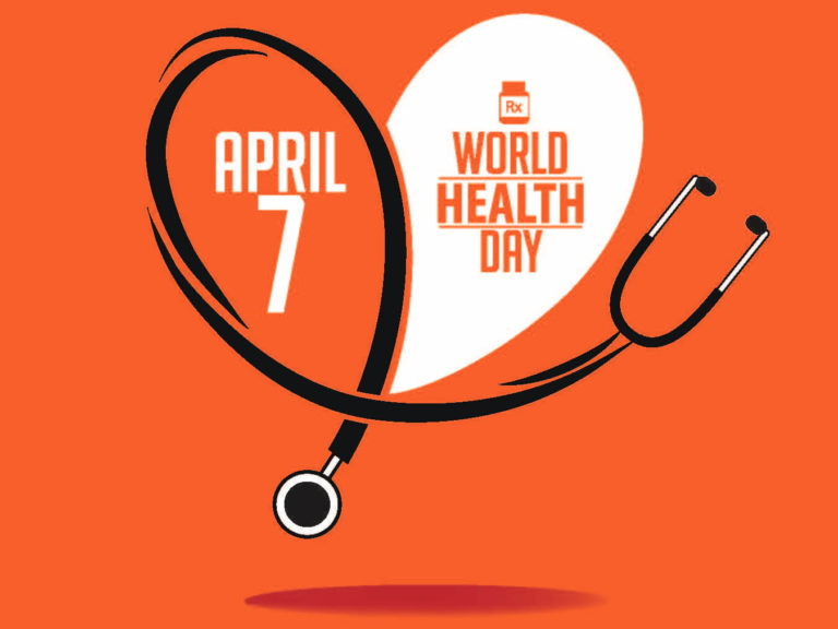 Stethoscope in the shape of a heart surround ‘April 7’ and ‘World Health Day.’