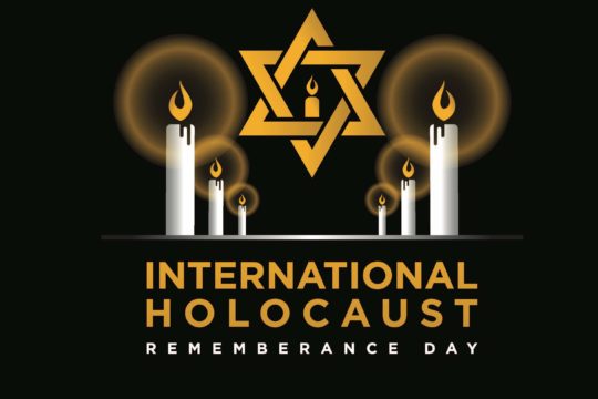‘International Holocaust Remembrance Day’ with candles on a black background.