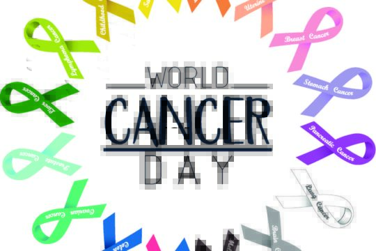 ‘World Cancer Day’ surrounded by a circle of cancer ribbons.