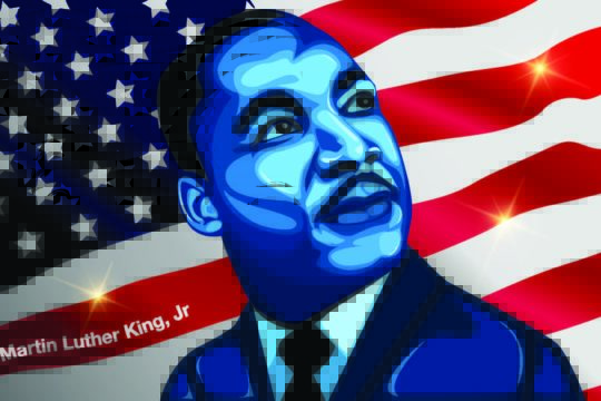 Stylized image of Dr. Martin Luther King, Jr. in front of an American flag.
