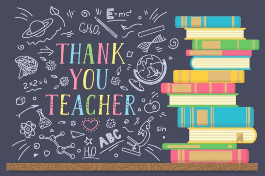 ‘Thank you Teacher’ written on a chalkboard surrounded by related drawings.