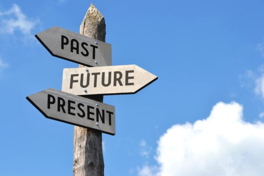Wood sign post that reads “Past, Present, Future”