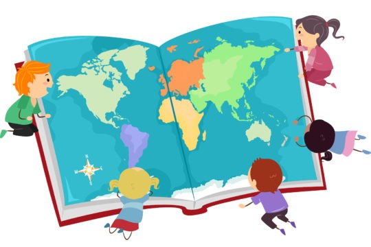 Illustration of children surrounding an oversized open book of a world map.